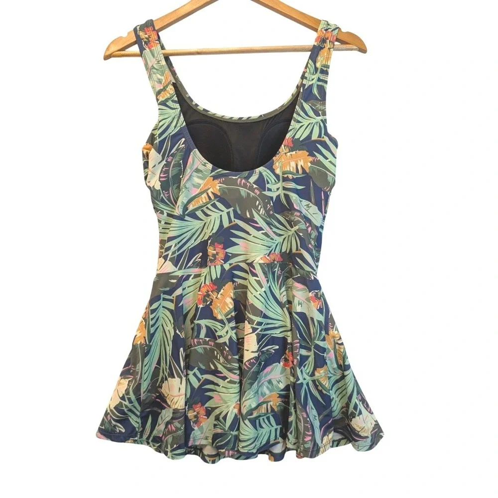 Shore Shapes Tropical Palm Print Swim Dress Navy Blue One Piece Size 10 2119-22A - Picture 3 of 16